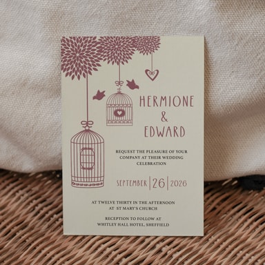 Boho Birdcage Chic Mauve Wedding Invitation on Cream Card