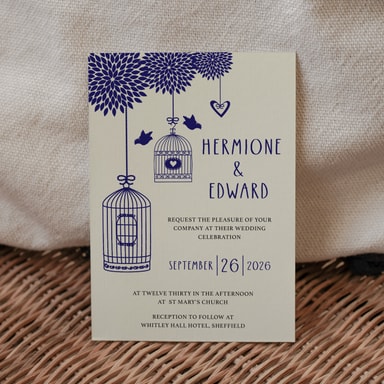 Boho Birdcage Chic Navy Blue Wedding Invitation on Cream Card