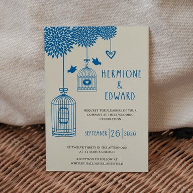 Boho Birdcage Chic Ocean Blue Wedding Invitation on Cream Card