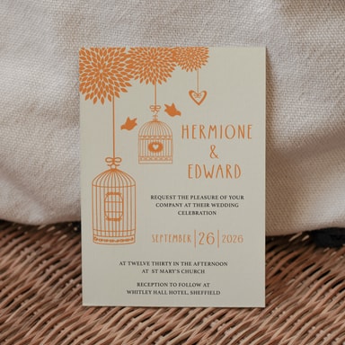 Boho Birdcage Chic Orange Wedding Invitation on Cream Card