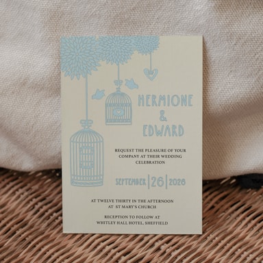 Boho Birdcage Chic Pale Blue Wedding Invitation on Cream Card