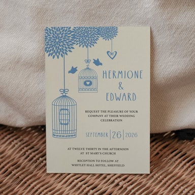 Boho Birdcage Chic Pastel Blue Wedding Invitation on Cream Card