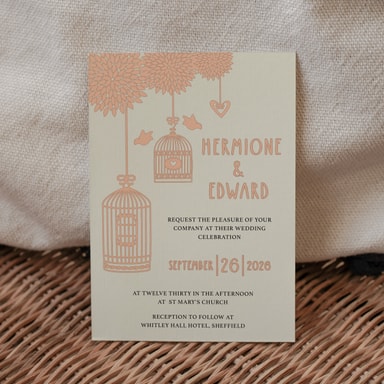 Boho Birdcage Chic Peach Wedding Invitation on Cream Card