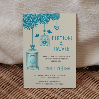 Boho Birdcage Chic Peacock Blue Wedding Invitation on Cream Card