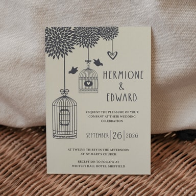 Boho Birdcage Chic Pewter Wedding Invitation on Cream Card