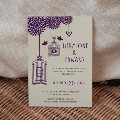 Boho Birdcage Chic Plum Wedding Invitation on Cream Card