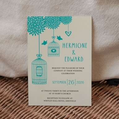 Boho Birdcage Chic Pool Blue Wedding Invitation on Cream Card