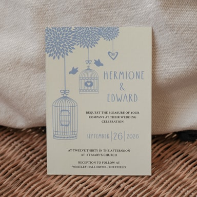 Boho Birdcage Chic Powder Blue Wedding Invitation on Cream Card