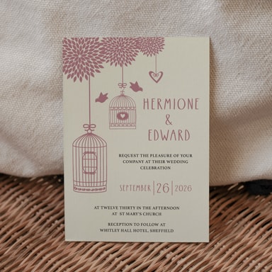 Boho Birdcage Chic Rose Gold Wedding Invitation on Cream Card