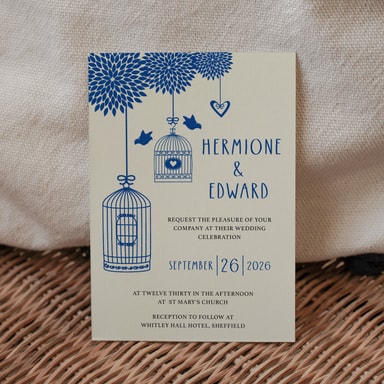 Boho Birdcage Chic Royal Blue Wedding Invitation on Cream Card