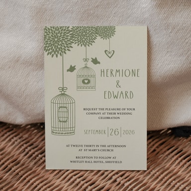 Boho Birdcage Chic Sage Green Wedding Invitation on Cream Card