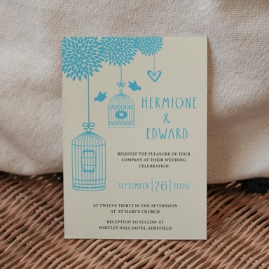 Boho Birdcage Chic Sky Blue Wedding Invitation on Cream Card