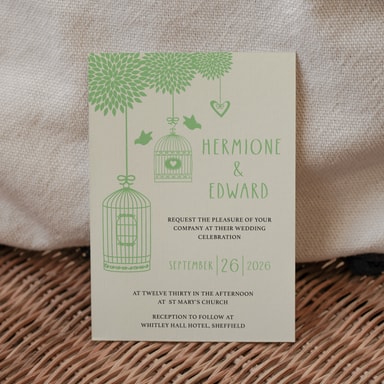 Boho Birdcage Chic Spring Green Wedding Invitation on Cream Card