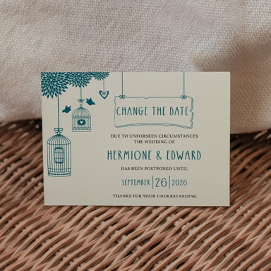 Boho Birdcage Chic Teal Green Change The Date Card on Cream Card