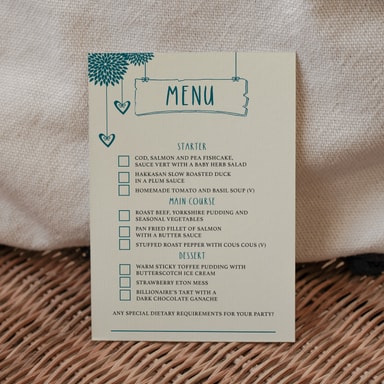 Boho Birdcage Chic Teal Green Menu Card with Choices on Cream Card