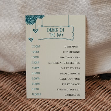 Boho Birdcage Chic Teal Green Order Of The Day Card on Cream Card