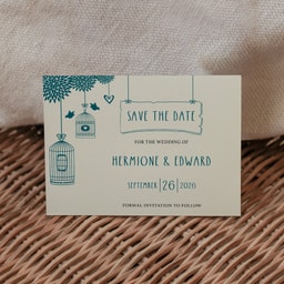 Boho Birdcage Chic Teal Green Save The Date Card on Cream Card