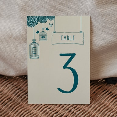 Boho Birdcage Chic Teal Green Table Number Card on Cream Card