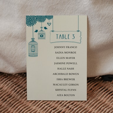 Boho Birdcage Chic Teal Green Table Plan Card on Cream Card