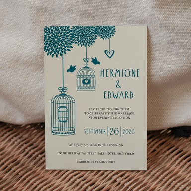 Boho Birdcage Chic Teal Green Wedding Evening Invitation on Cream Card