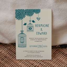 Boho Birdcage Chic Teal Green Wedding Invitation on Cream Card