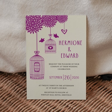 Boho Birdcage Chic Violet Wedding Invitation on Cream Card