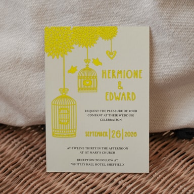 Boho Birdcage Chic Yellow Wedding Invitation on Cream Card