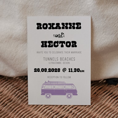 Boho Campervan Amethyst Wedding Invitation on White Card