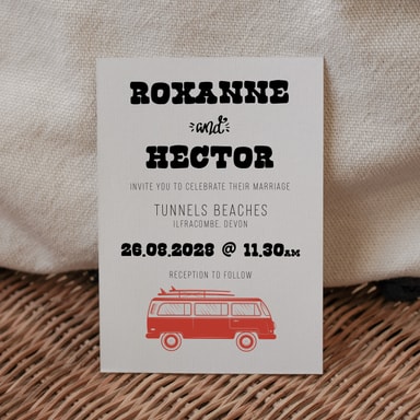 Boho Campervan Apple Red Wedding Invitation on White Card