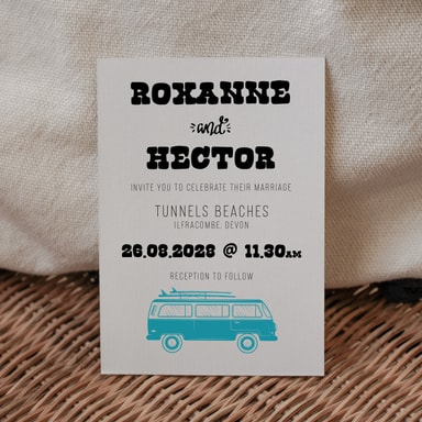 Boho Campervan Aqua Blue Wedding Invitation on White Card