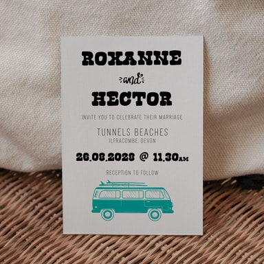 Boho Campervan Aquamarine Wedding Invitation on White Card