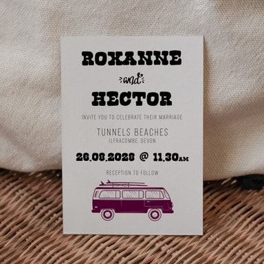 Boho Campervan Aubergine Wedding Invitation on White Card