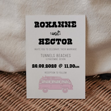 Boho Campervan Baby Pink Wedding Invitation on White Card