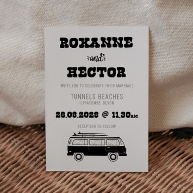 Boho Campervan Black Wedding Invitation on White Card