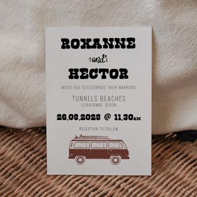 Boho Campervan Brown Wedding Invitation on White Card