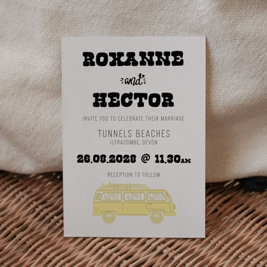 Boho Campervan Canary Yellow Wedding Invitation on White Card