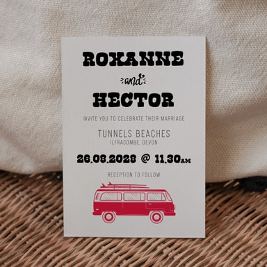 Boho Campervan Cherry Wedding Invitation on White Card