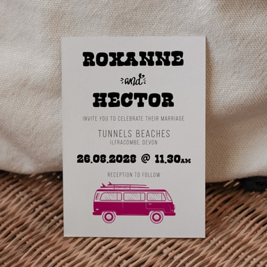 Boho Campervan Cranberry Wedding Invitation on White Card