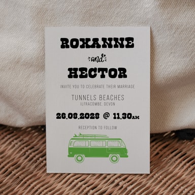 Boho Campervan Lime Green Wedding Invitation on White Card