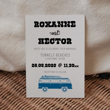 Boho Campervan Marine Blue Wedding Invitation on White Card