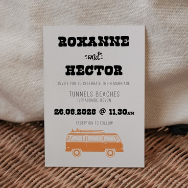 Boho Campervan Orange Wedding Invitation on White Card