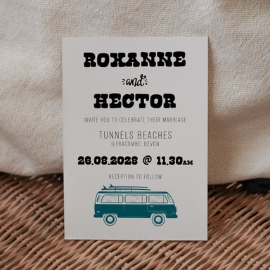 Boho Campervan Teal Green Wedding Invitation on White Card