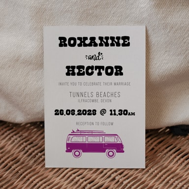 Boho Campervan Violet Wedding Invitation on White Card