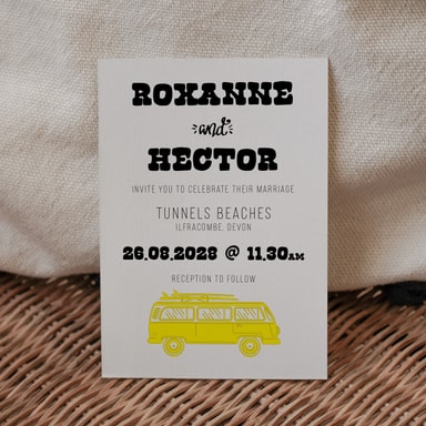 Boho Campervan Yellow Wedding Invitation on White Card