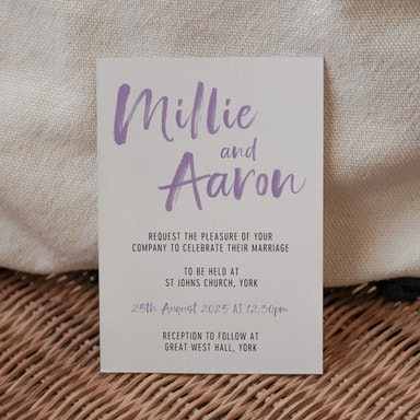 Brush Strokes Amethyst Wedding Invitation on White Card