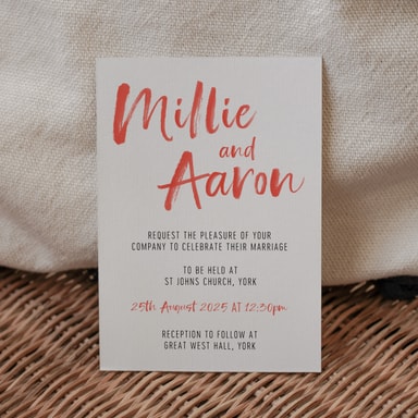 Brush Strokes Apple Red Wedding Invitation on White Card