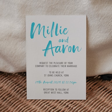 Brush Strokes Aqua Blue Wedding Invitation on White Card