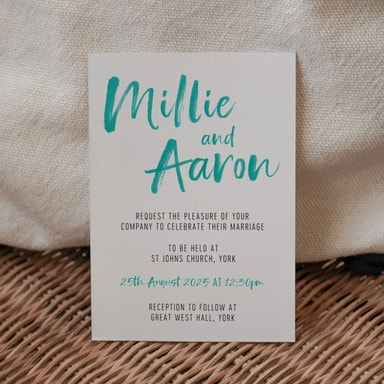 Brush Strokes Aquamarine Wedding Invitation on White Card