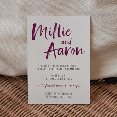 Brush Strokes Aubergine Wedding Invitation on White Card