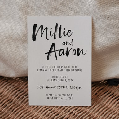 Brush Strokes Black Wedding Invitation on White Card